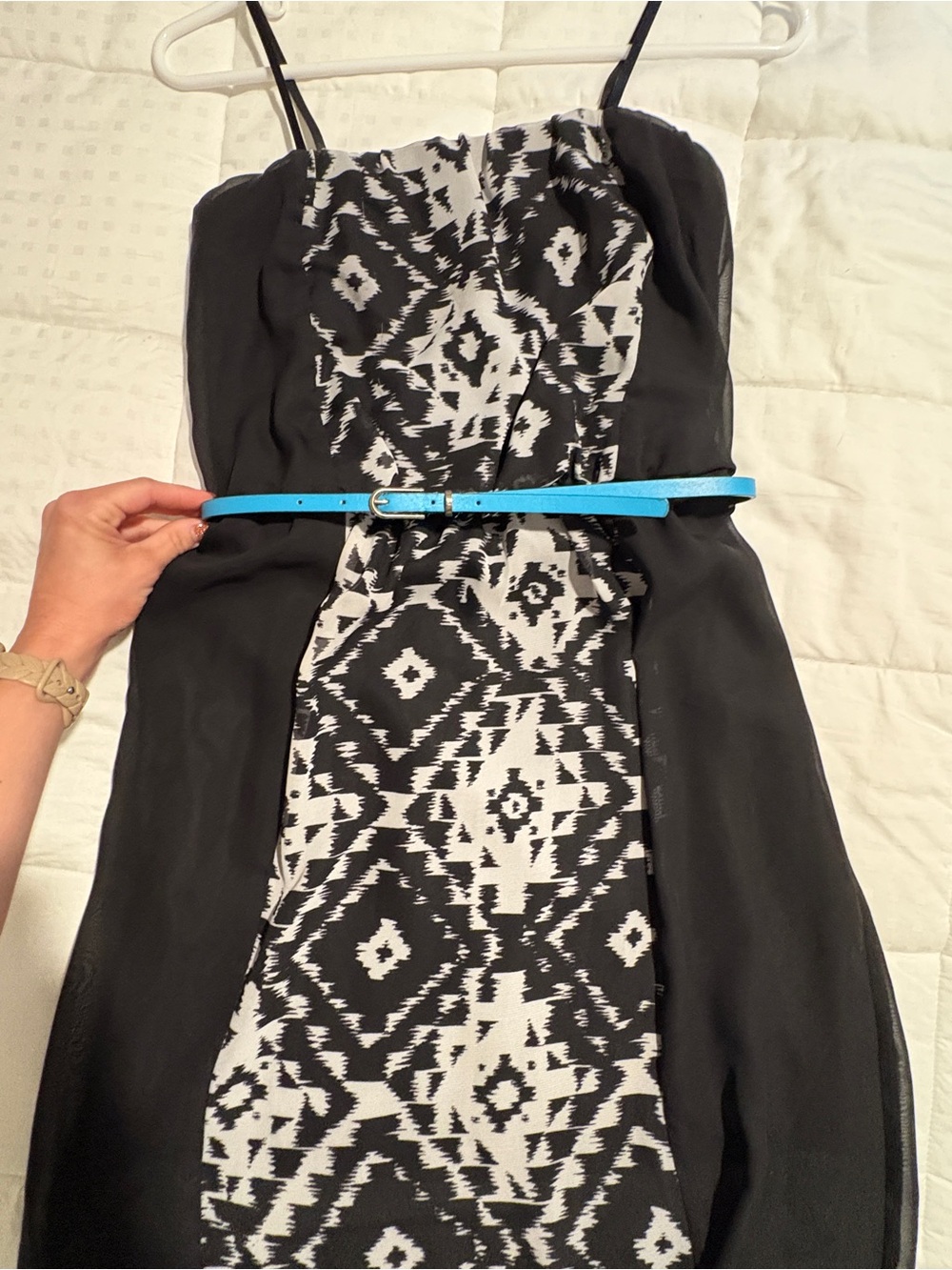 Black & White Patterned strapless maxi Dress with Blue Belt